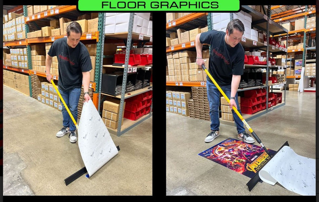 Person using a floor graphic tool in a warehouse setting
