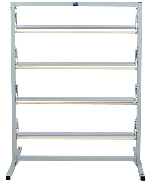 Metal bookshelf with multiple shelves on a white background