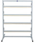 Metal bookshelf with multiple shelves on a white background