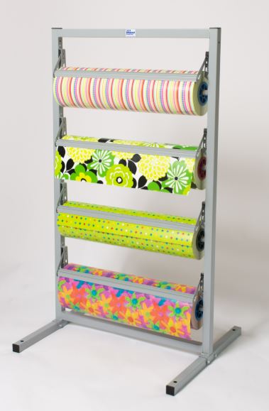 Rolling paper display stand with colorful paper rolls on a white background