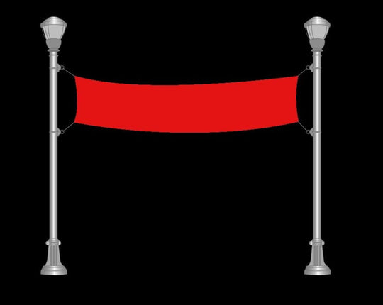 Red curtain between two streetlights on a black background