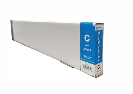 Box of cyan eco-solvent ink on a white background