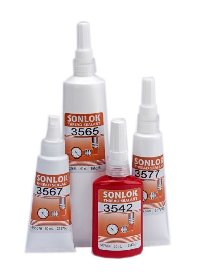 Collection of Sonlok thread sealant bottles on a white background