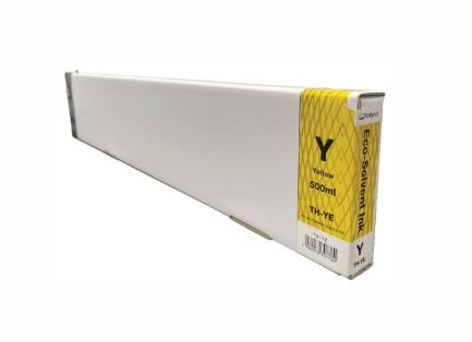 Box of yellow ink cartridge with a visible brand label on a white background