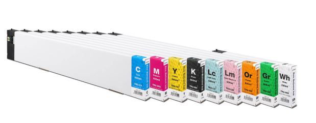 Set of ink cartridges with color labels on a white background