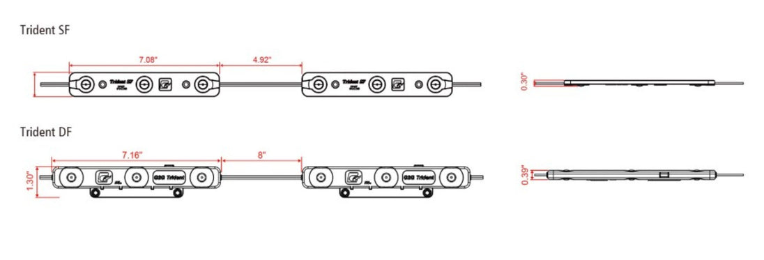 Technical drawing of Trident SF and DF products with measurements