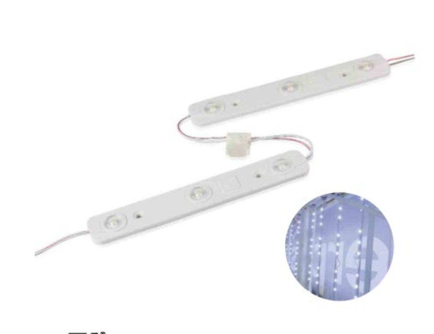 Two LED light strips with a close-up inset showing the LED lights on a white background.