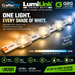 Promotional graphic for LumiLink LM2001 tunable white LED channel letter lighting by CrafterNV and G2G Lighting, showing a strip of illuminated lettering modules on a dark background with feature icons and text.