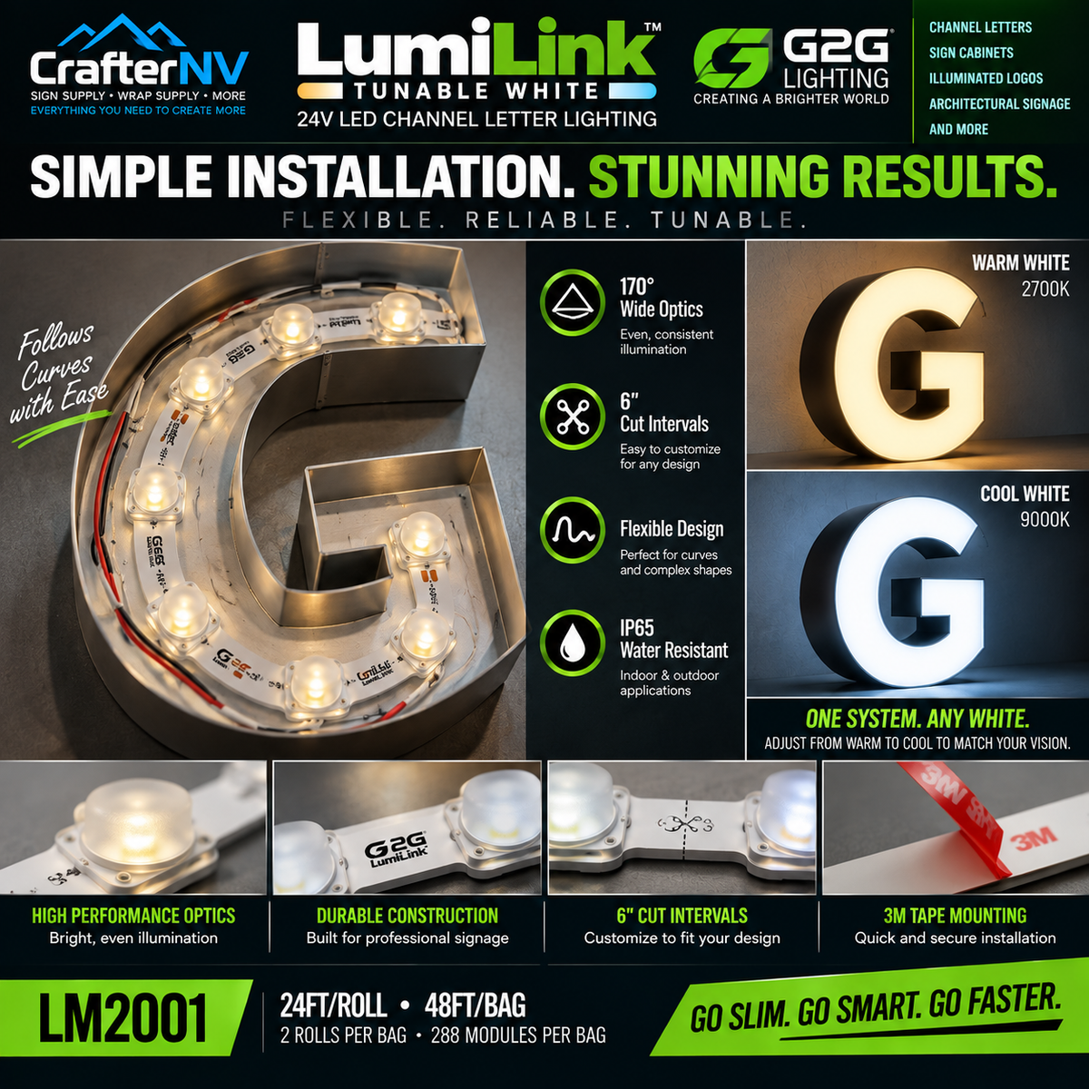 A promotional product graphic for CrafterNV LumiLink G26C 24V LED channel letter lighting, showing a large illuminated gold letter G, close-up detail shots of the internal LED strip and optics, and feature callouts on a white background with black text.