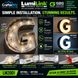 A promotional product graphic for CrafterNV LumiLink G26C 24V LED channel letter lighting, showing a large illuminated gold letter G, close-up detail shots of the internal LED strip and optics, and feature callouts on a white background with black text.
