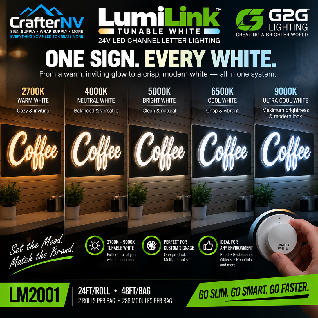 Promotional graphic for LumiLink Tunable White 24V LED channel letter lighting, showing six warm-to-cool white color options for the word 'Coffee' in a restaurant setting, with a hand holding a tunable white light controller in the bottom right.