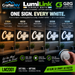 Promotional graphic for LumiLink Tunable White 24V LED channel letter lighting, showing six warm-to-cool white color options for the word 'Coffee' in a restaurant setting, with a hand holding a tunable white light controller in the bottom right.