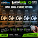 Promotional graphic for LumiLink Tunable White 24V LED channel letter lighting, showing six warm-to-cool white color options for the word 'Coffee' in a restaurant setting, with a hand holding a tunable white light controller in the bottom right.