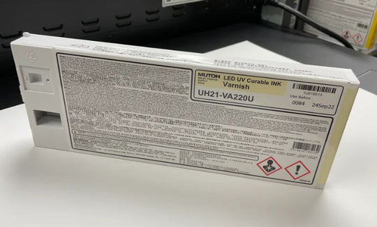 Box of Mutoh LED UV Curable Inkjet Varnish on a white surface