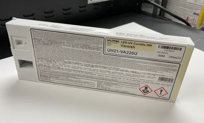 Box of Mutoh LED UV Curable Inkjet Varnish on a white surface
