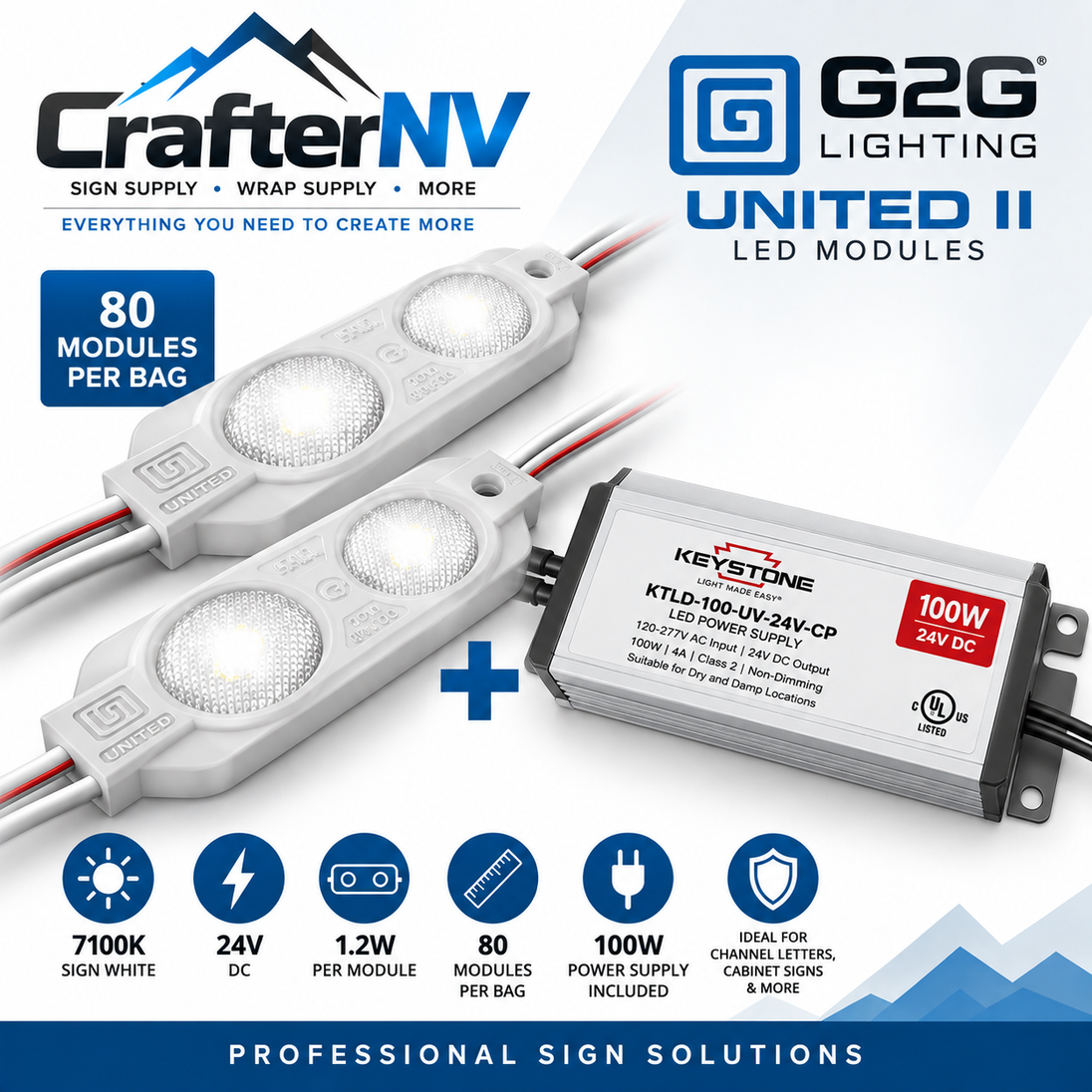 CrafterNV and Keystone United II LED modules bundle for sign lighting, featuring three white LED light strips and a Keystone KTLD-100-UV-24V-CP 100W power supply on a white background with product features and branding.