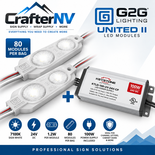 CrafterNV and Keystone United II LED modules bundle for sign lighting, featuring three white LED light strips and a Keystone KTLD-100-UV-24V-CP 100W power supply on a white background with product features and branding.