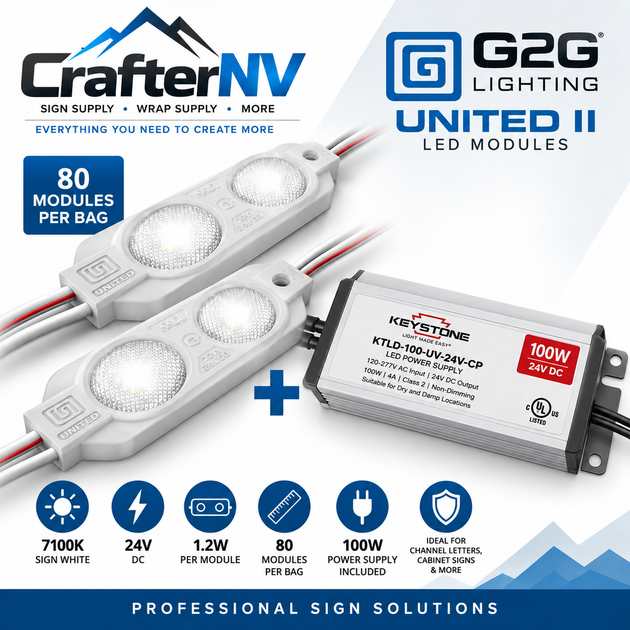 CrafterNV and Keystone United II LED modules bundle for sign lighting, featuring three white LED light strips and a Keystone KTLD-100-UV-24V-CP 100W power supply on a white background with product features and branding.
