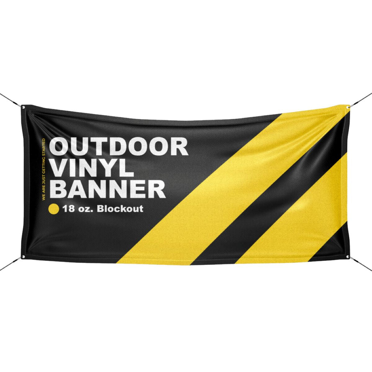 Black vinyl banner with yellow stripes and text on a white background