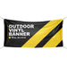 Black vinyl banner with yellow stripes and text on a white background