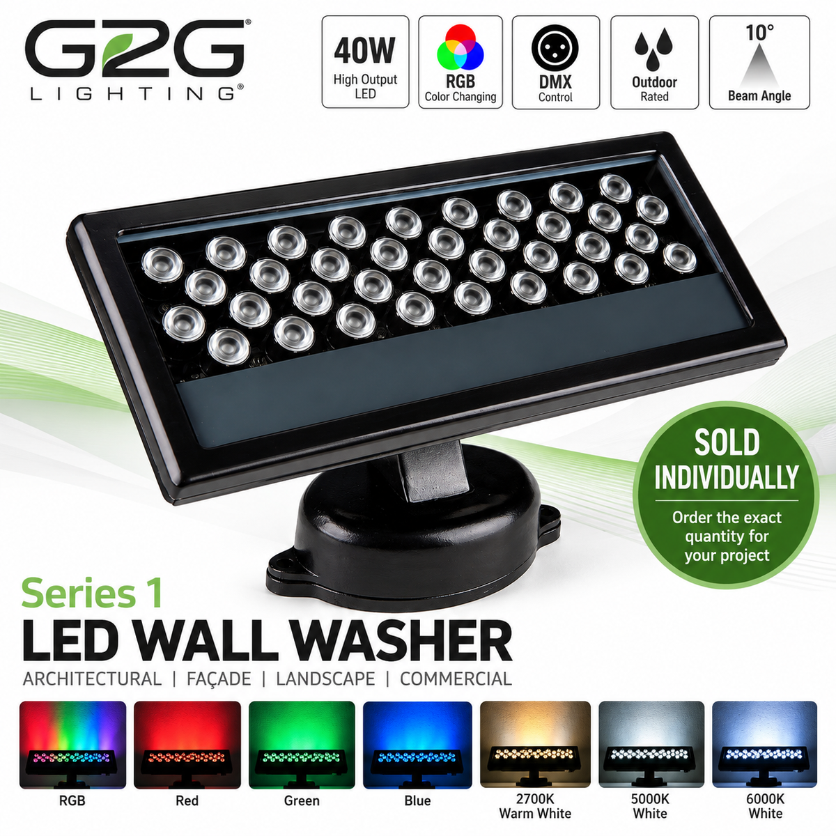 G2G Series 1 40W LED Wall Washer with RGB, DMX control and architectural lighting color options