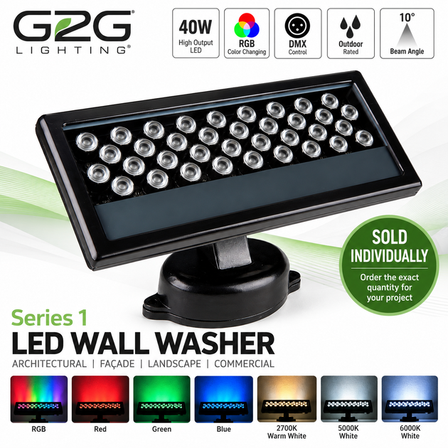 G2G Series 1 40W LED Wall Washer with RGB, DMX control and architectural lighting color options