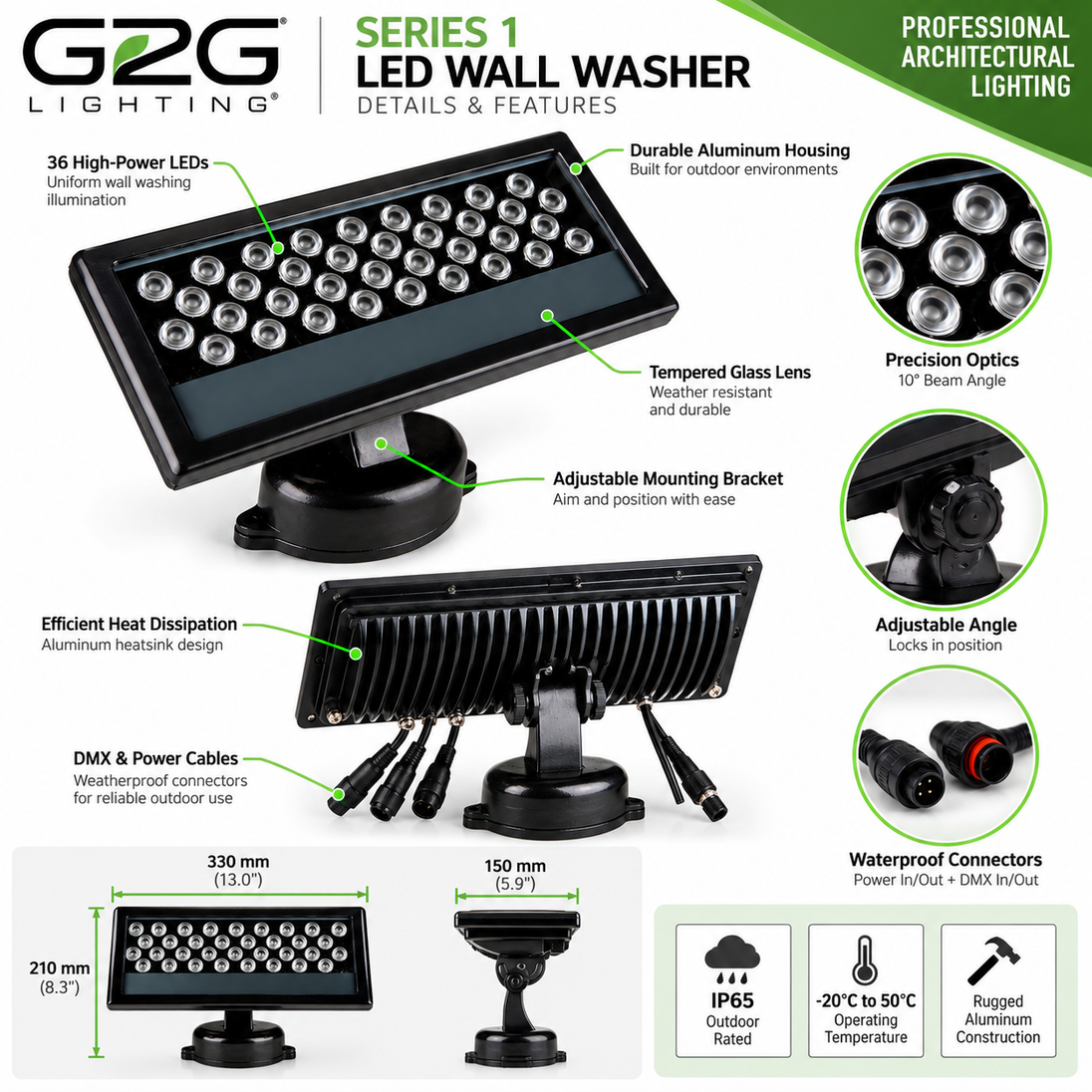 G2G Series 1 40W LED Wall Washer with adjustable mount, waterproof connectors and 10-degree beam angle