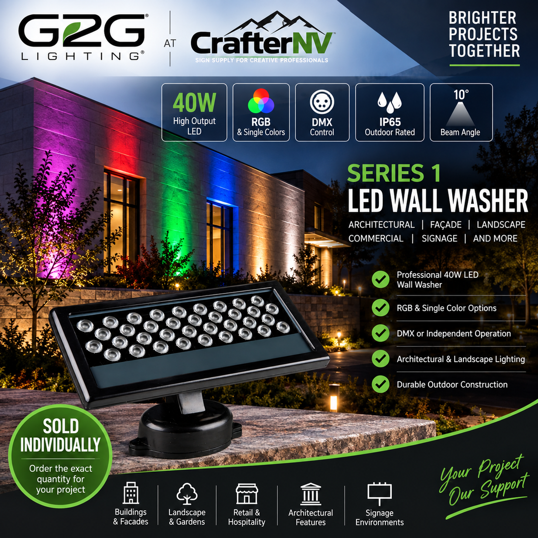 G2G Series 1 LED Wall Washer illuminating a commercial building façade with RGB architectural lighting