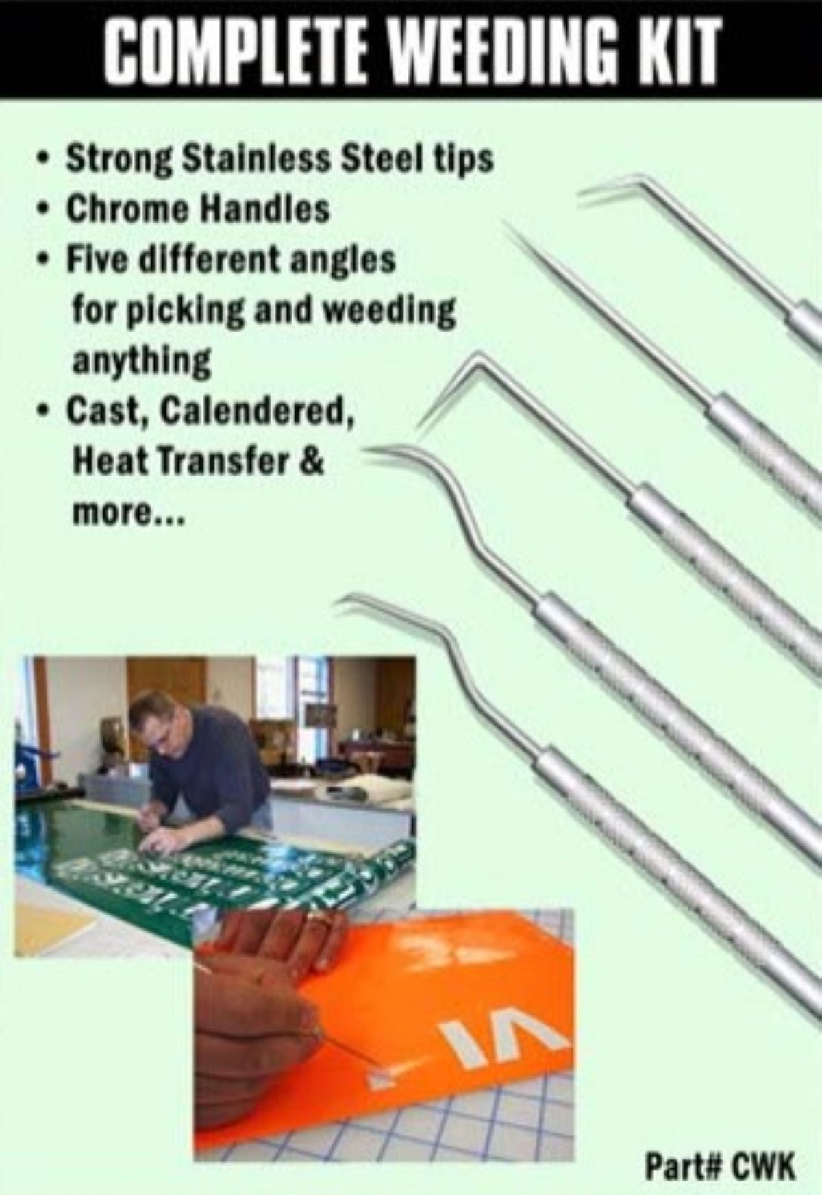 Complete weeding kit with stainless steel tips and chrome handles, featuring text on product features.