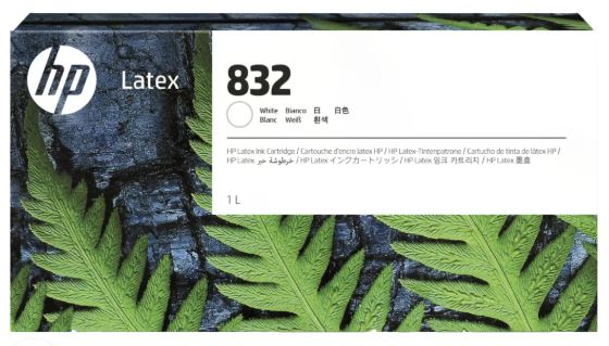 HP Latex 832 ink cartridge packaging with green leaf design