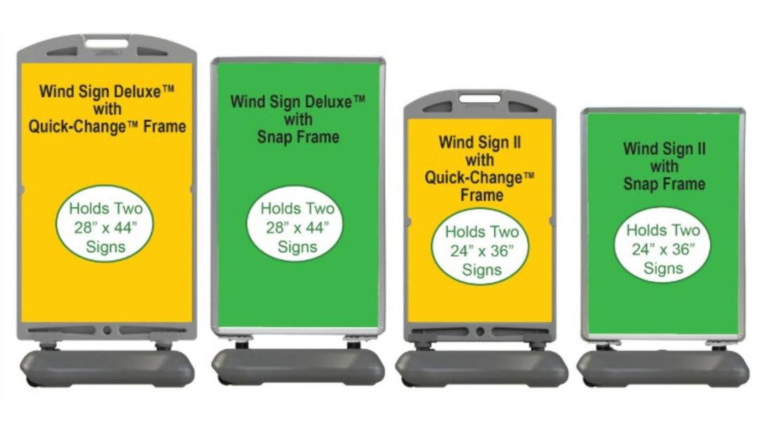 Four sign holders with different configurations and labelings on a white background
