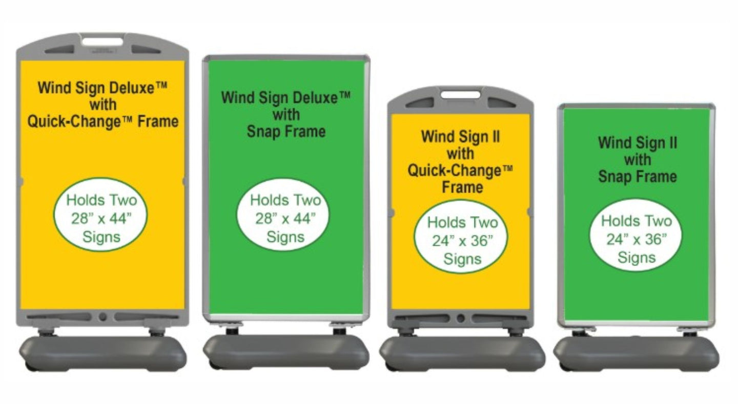 Four sign holders with different configurations and labelings on a white background