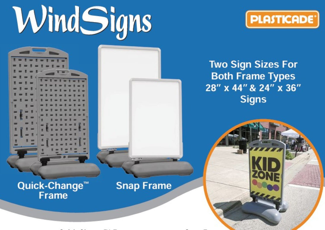 Advertisement for WindSigns with two sign sizes and frame types on a blue background.