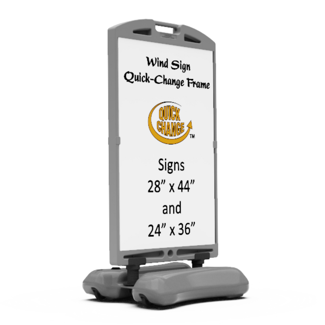 Quick-change frame sign holder with white background and text