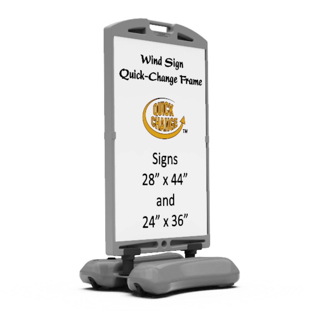 Quick-change frame sign holder with white background and text