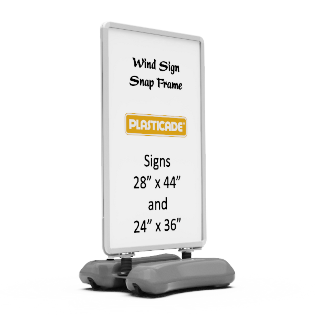 Plasticade sign frame with dimensions on a white background