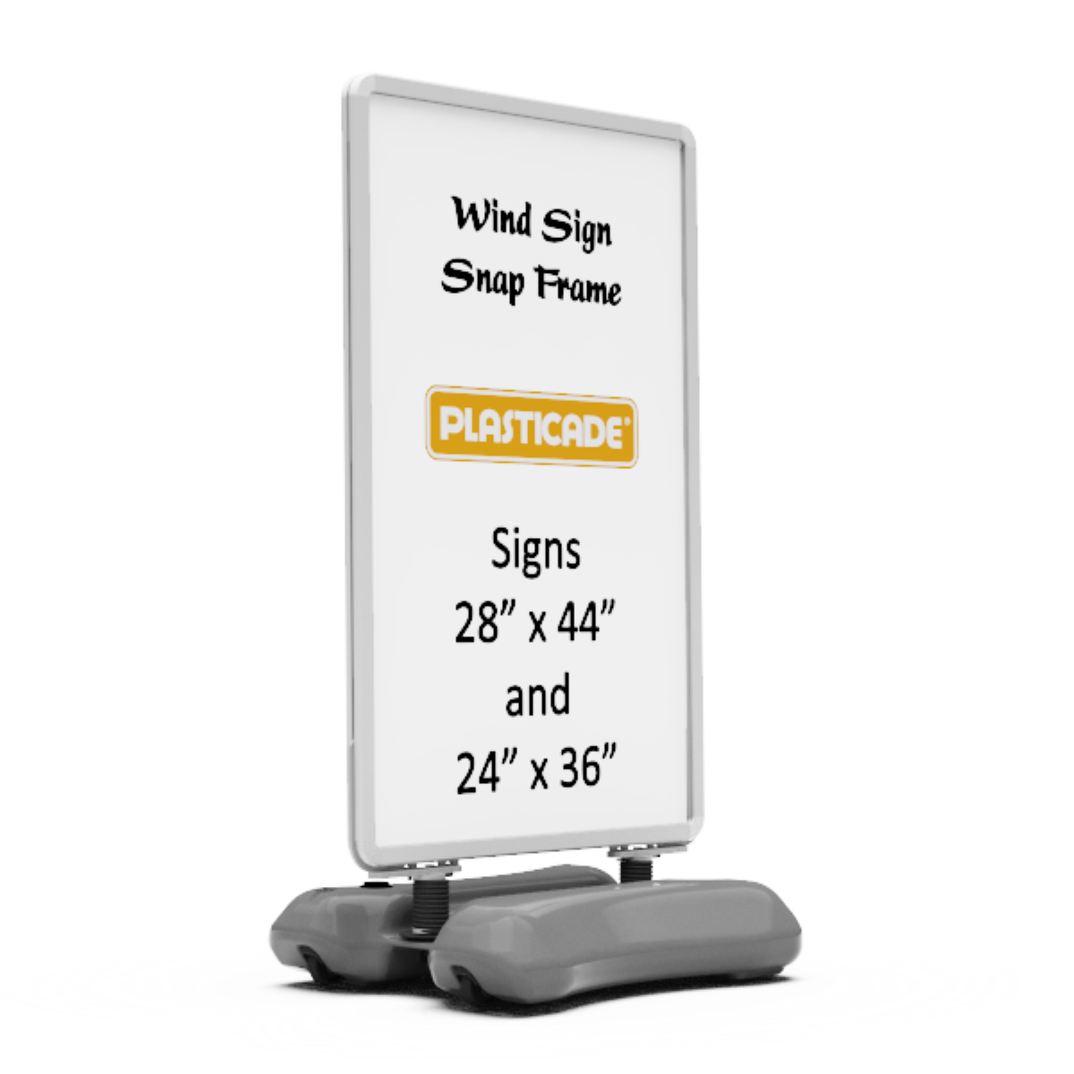 Plasticade sign frame with dimensions on a white background