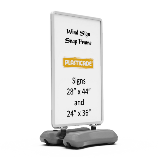 Plasticade sign frame with dimensions on a white background