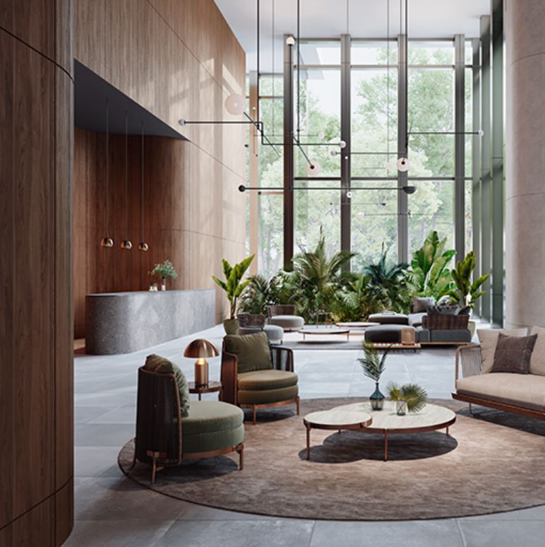 Modern interior design of a living room with large windows, plants, and furniture.