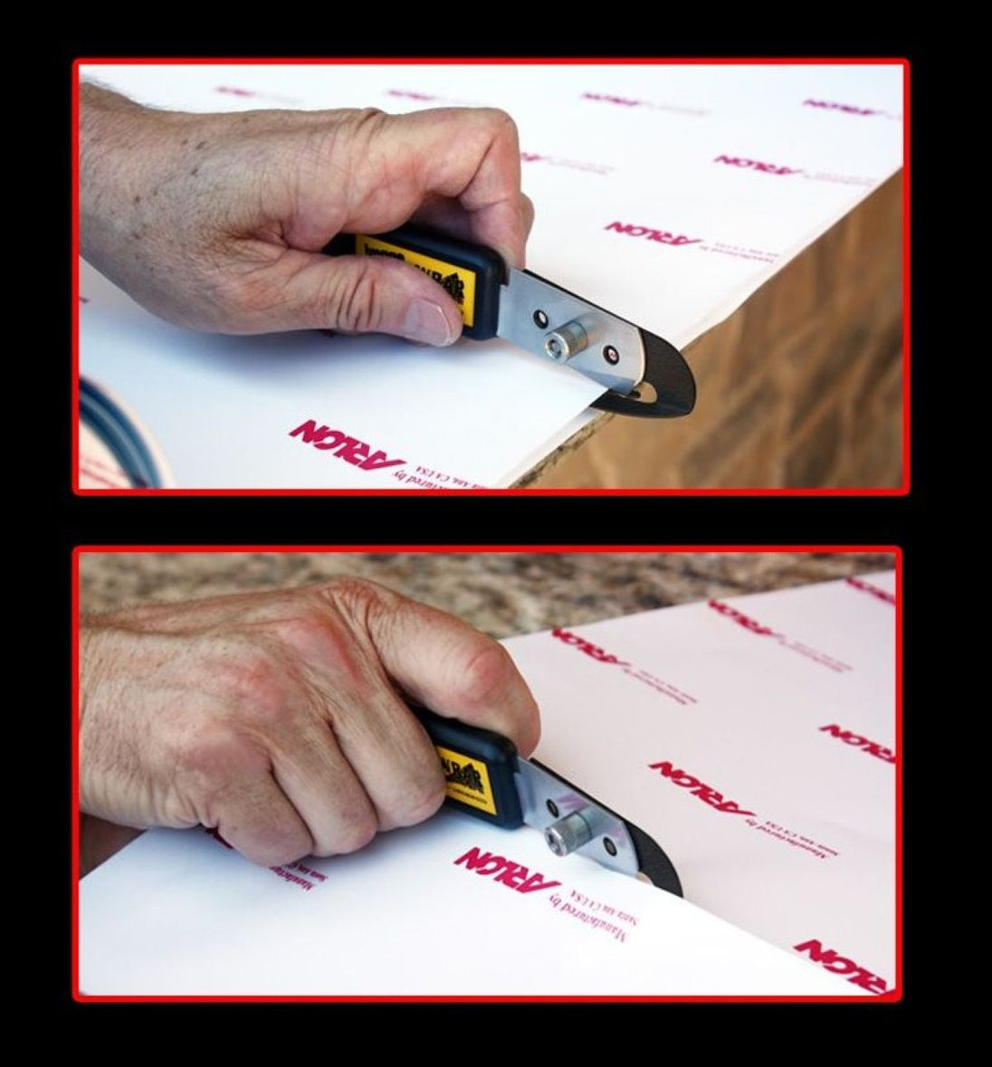 Two views of a hand using a box cutter on a box with 'Nate's' branding.