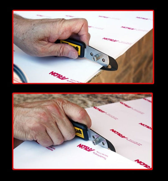 Two views of a hand using a box cutter on a box with 'Nate's' branding.