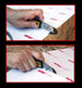 Two views of a hand using a box cutter on a box with 'Nate's' branding.