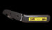 Black folding knife with a yellow label on a black background