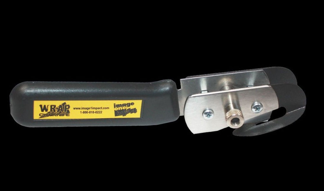 Metal tool with a black handle and visible branding on a black background