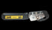 Metal tool with a black handle and visible branding on a black background