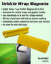 Vehicle wrap magnets with text describing their use and features on a green background.