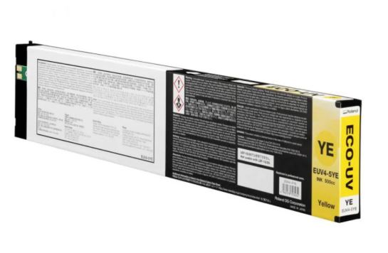 Yellow ink cartridge with labels on a white background