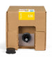 Cardboard box with a yellow label and a black ink cartridge on a white background