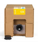 Cardboard box with a yellow label and a black ink cartridge on a white background