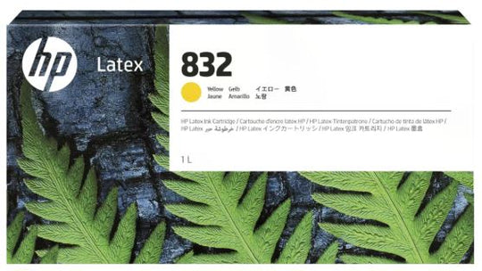 HP Latex 832 yellow ink cartridge packaging with green leaves in the background